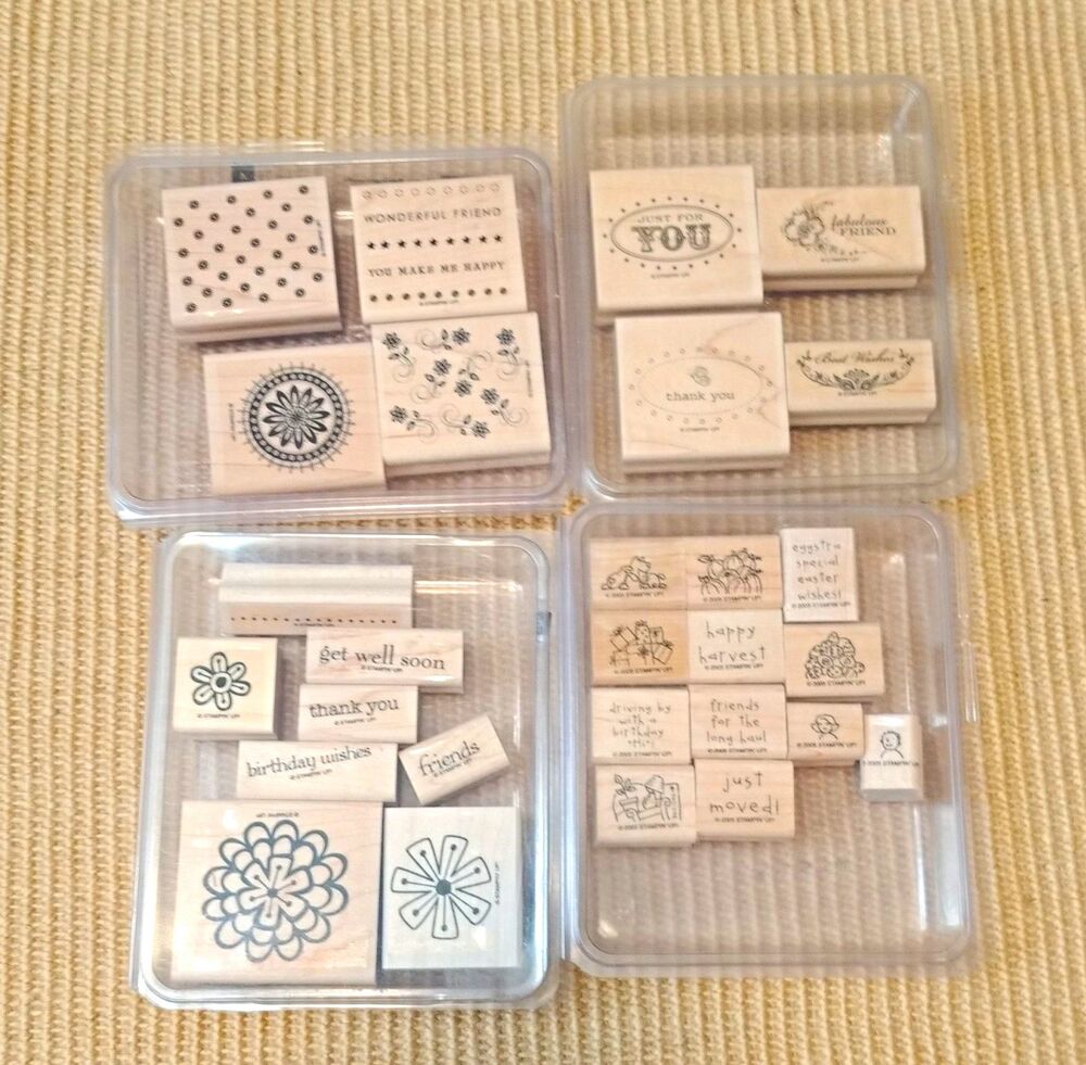 Stampin' Up! Mounted Wood Rubber Stamps Lot 4 Cases Words Phrases Floral Friends